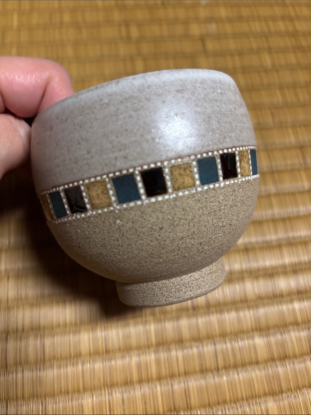 Handcrafted Beige Ceramic Accent Bowl with Decorative Square Inlay from Japan